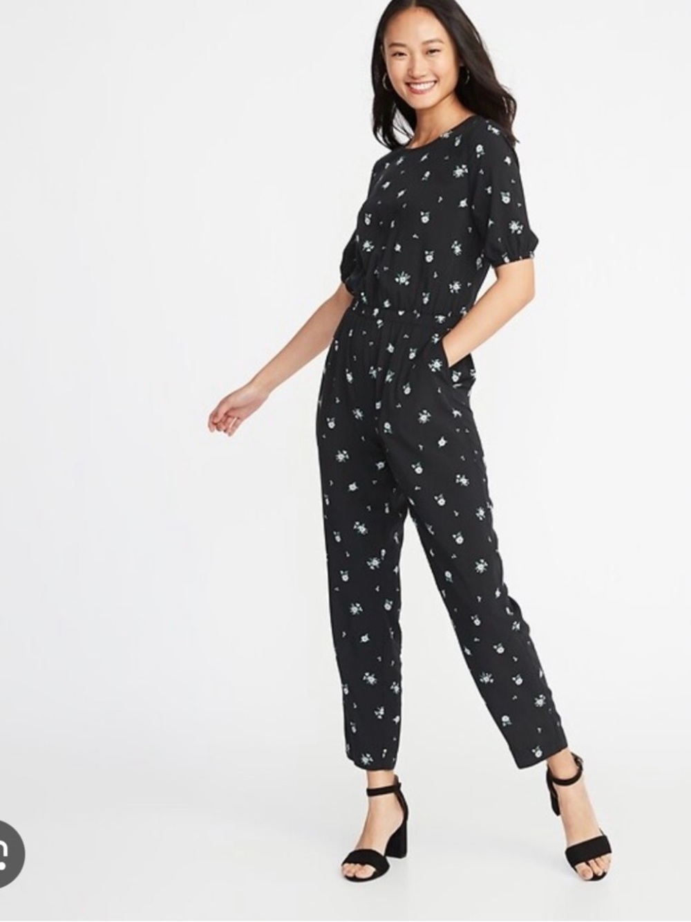 OLD NAVY Black Ditsy Floral Cross Back Jumpsuit Size L